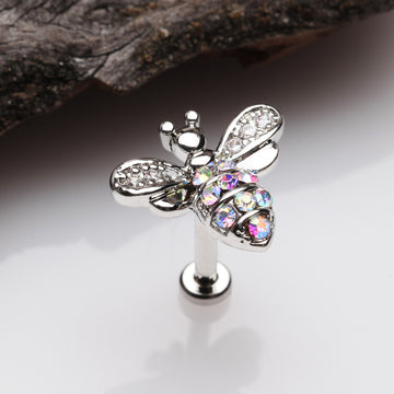 Detail View 1 of Glistening Honey Bee Sparkle Internally Threaded Labret-Clear Gem